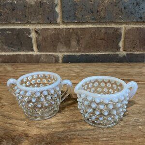 Small  Fenton Hobnail Opalescent Moonstone Cream & Sugar Set 2” Tall